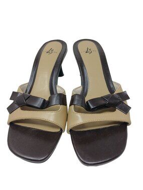 LifeStride Womens 6M Beige Brown Splash Sq Toe Kitten Heel Slip-On Sandals #6-6